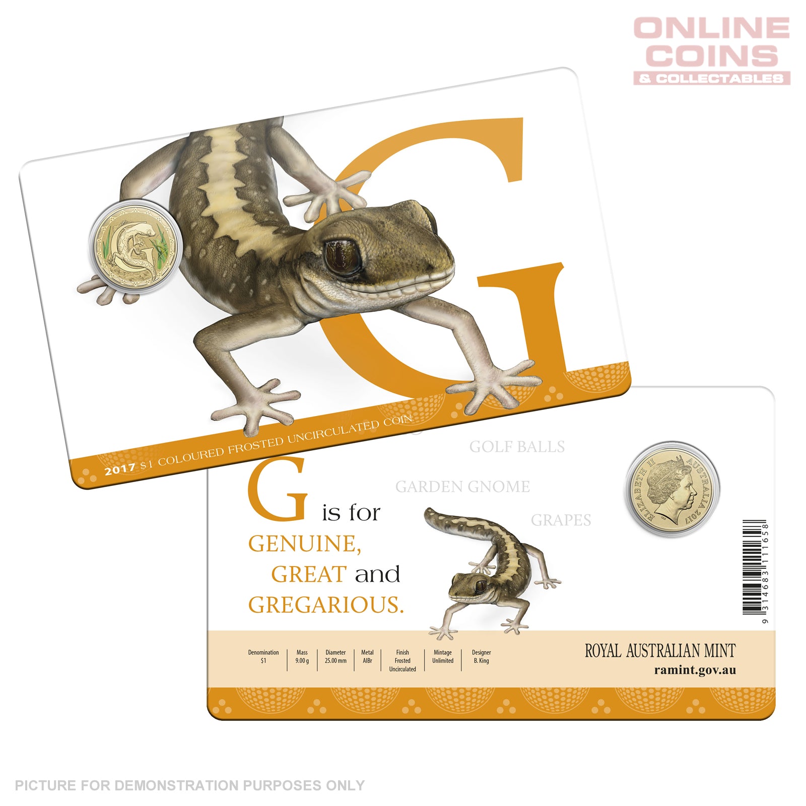 2017 $1 Coloured Alphabet Frosted Coin In Card - G For Gecko